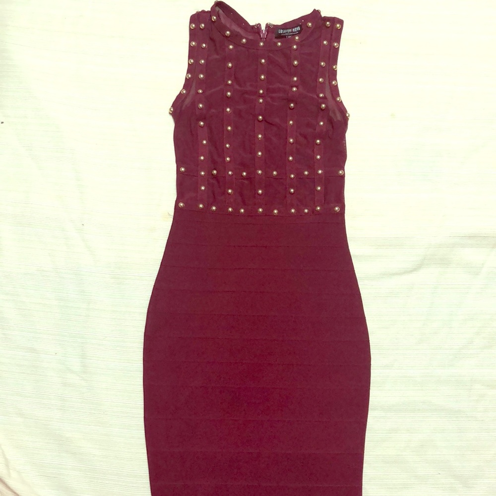 Fashion Nova Burgundy Bandage Stud Dress